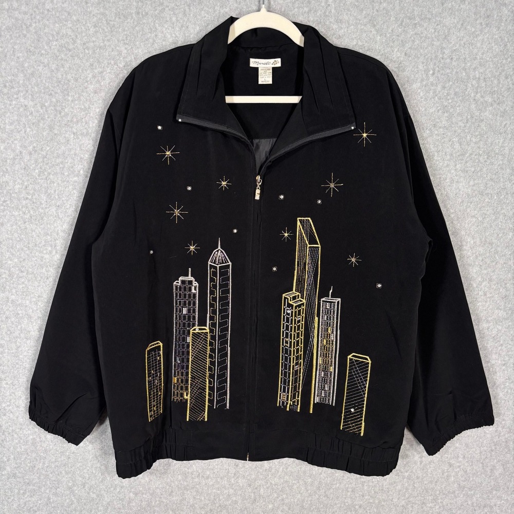 Mureli Embroidered Jacket‎ Large Black Gold Silver Skyline Cityscape Night Stars